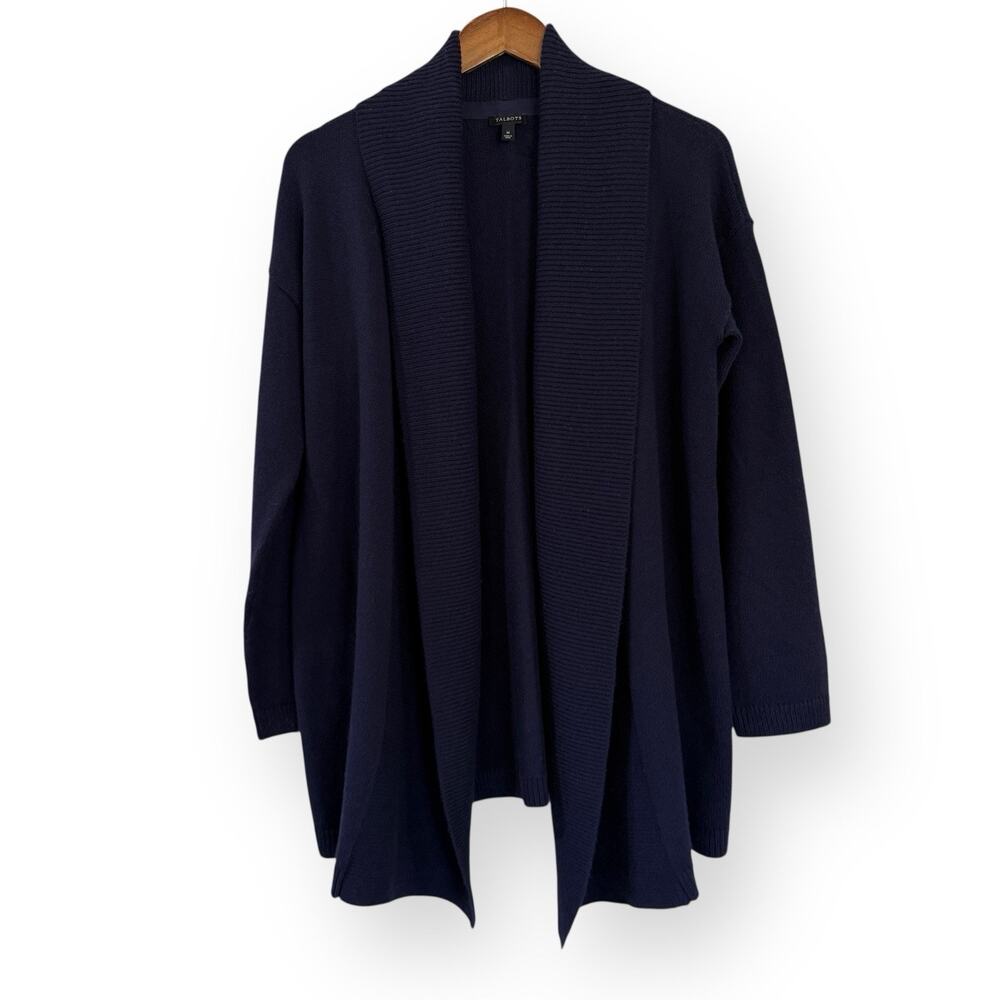 Talbots Navy Ribbed Open Front Shawl Cardigan M Lambswool Blend Quiet Luxury